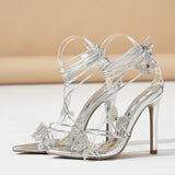 Xajzpa Sexy Crystal Butterfly Narrow Band Ankle Strap Gold Sandals Women Wedding Banquet Shoes Sexy Pointed Toe Stripper Heels