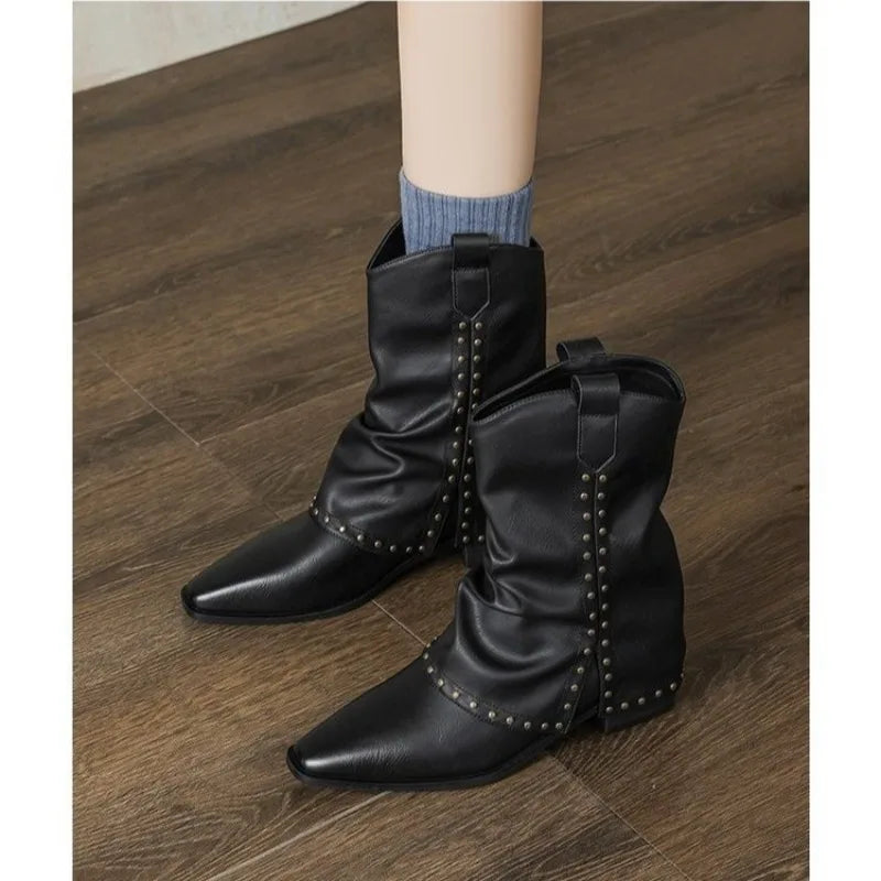 Xajzpa New Style Luxury Women's Cowgirl Boots Fashion Slip on Ladies Elegant Square Heel Long Pipe Boots Shoes Retro Zapatos Mujer