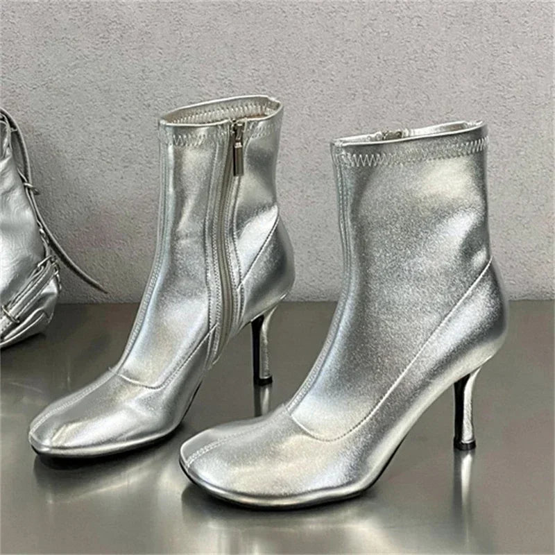 xajzpa Spring Autumn SEXY Round Toe Women Ankle Boots Concise Thin High Heels Shoes Fashion Side Zipper Short Booties