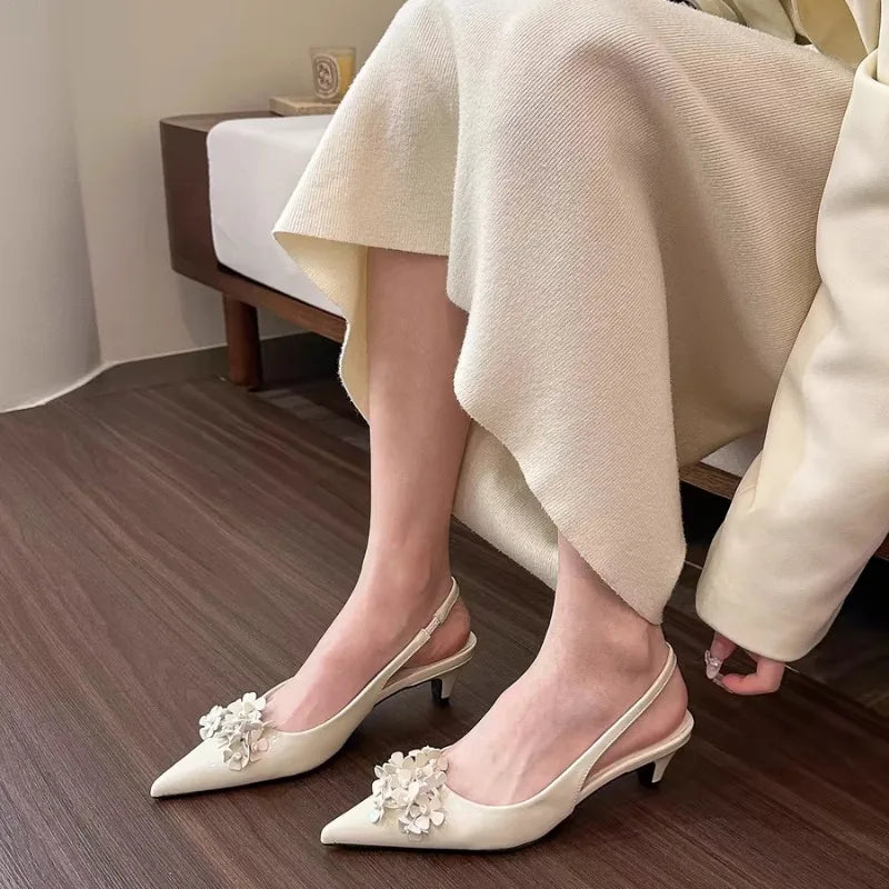 Xajzpa New Style Women's Spring Green Flower Pointed Elegant High Heels for Women Fashion Shallow Mouth Slingbacks Sandals Casual Pumps