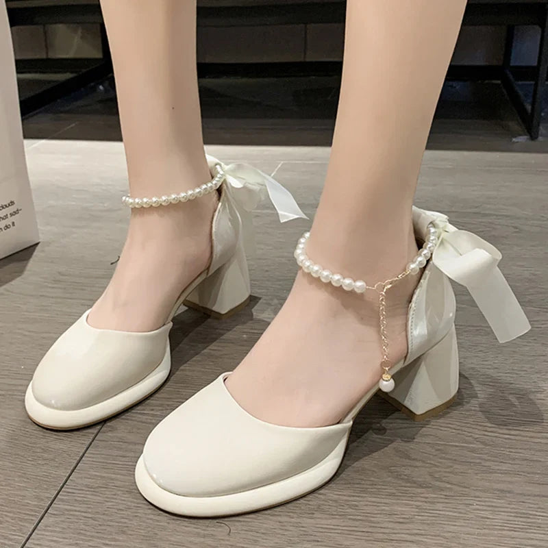 Xajzpa Pearl Ankle Buckle Thick Heel Pumps Women Back Bowtie Lace Up Mary Jane Shoes Woman Autumn Platform High Heels Dress Shoes