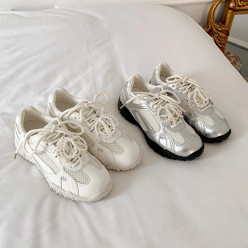 Xajzpa 2025 Summer New Color Breathable Soft Sole Comfortable Women Shoes Crescent Insole Height Lace Pearl Casual Sneakers