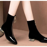 Xajzpa Women Shiny Sequin Ankle Boots Winter Fashion Pointed Front Zipper Rhinestone Square Heels Short Boots Retro Motorcycle Shoes