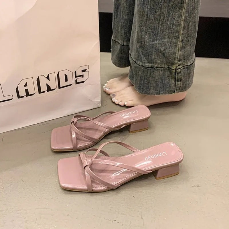 Xajzpa New Style Fashion Women's Shoes Peep Toe Square Toe Women's Slippers Outdoor Stiletto Heel Cross Thin Strip Modern Slippers