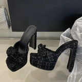 Xajzpa Fashion Pink Cloth Bowknot Designer Sandal Square Toe Super High Heels Platform Slippers Women Summer Party Banquet Shoes