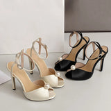 Xajzpa High Quality Cozy Silk Peep Toe 11CM Thin Heels Gladiator Sandals Women Fashion Pearl Designer Shoes Ankle Strap Sandalias