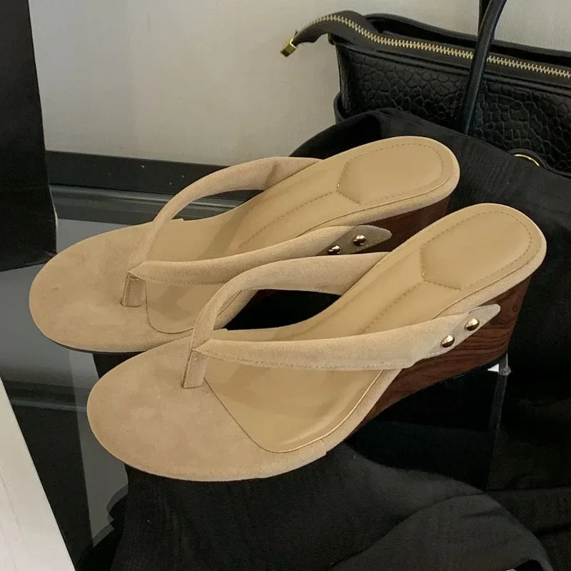 xajzpa New Fashion Shallow Round Clip Toe Wedge Woman Slippers Summer Timber High Heels Flip Flops Slide Shoes