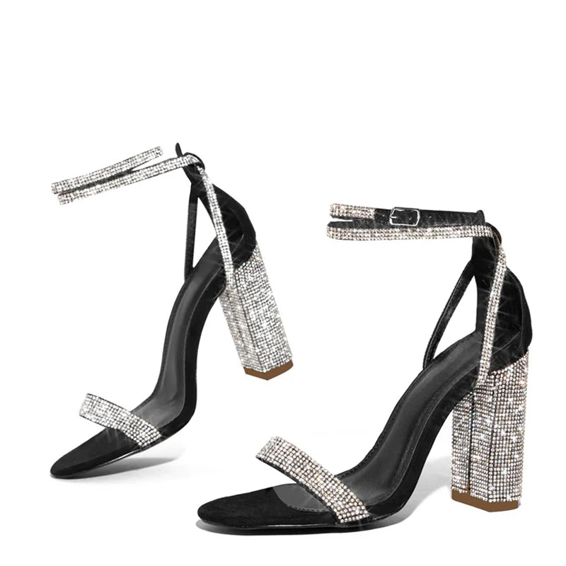 Xajzpa Fashion Glitter Rhinestones Square High Heels Sandals Summer Open Toe Crystal Ankle Strap Women Party Prom Shoes Sandalias
