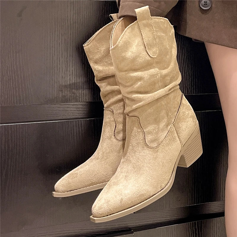 Xajzpa New Style Fashion Women's Mid-calf Boots Women Winter Ethnic Rivet Tassel Boots Woman Suede Pointed Thick Heel Shoes Boots