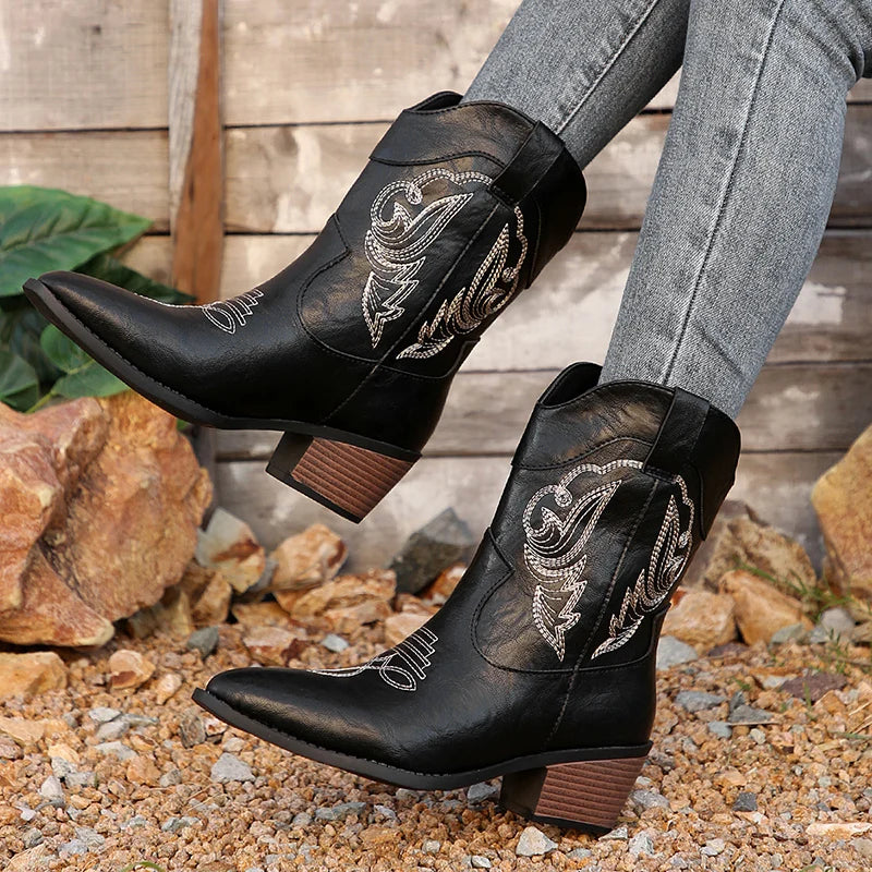 Xajzpa  Embroidered Pu Leather Women's Western Boots Sexy Pointed Toe Chunky Heel Pumps Outdoor Work Slip On Short Boots Big Size 43