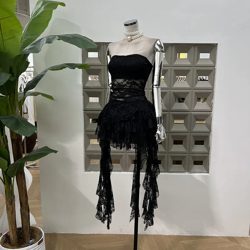 Xajzpa Fashion Two Piece Set Irregular Lace Top + High Waisted Fluffy Skirt Solid Color Female Elegant Birthday Dress New