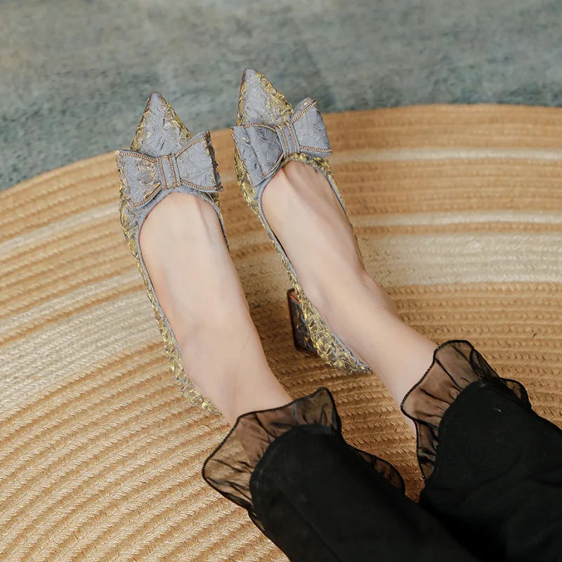 Xajzpa Block Heels For Women Pumps Bow Shoes Lace-Up Shallow Mouth Square Toe Slip On Sandals Ladies 2025 Pointed Wedge Chunky Gold Sli