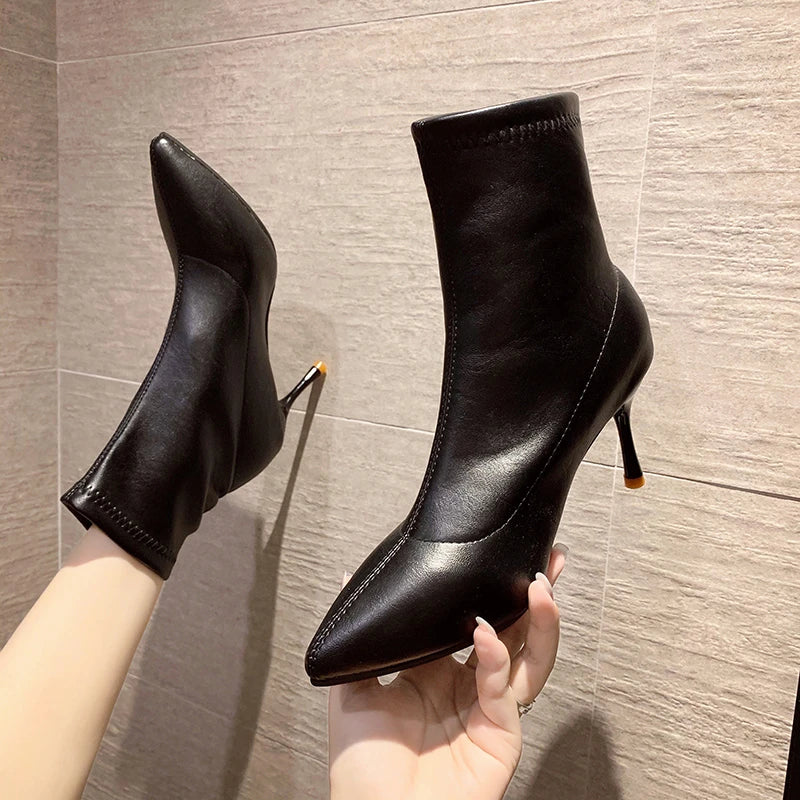Xajzpa New Style Luxury Women's Fashion Ankle Boots Pointed Toe Stretch Boots Autumn Stiletto Socks Boots High Heels Ladies Shoes