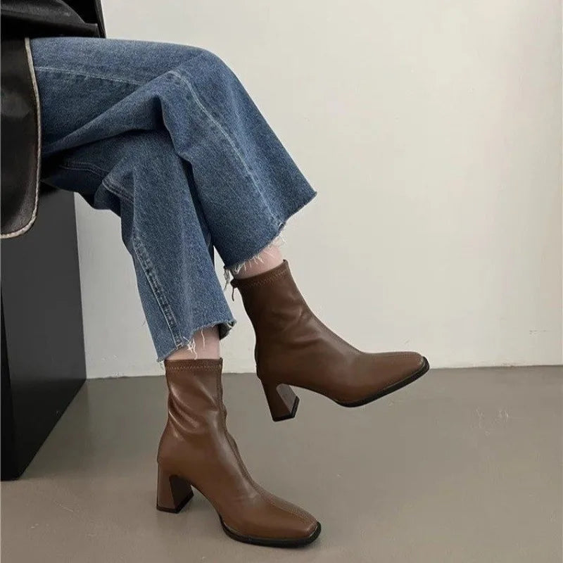 Xajzpa New Style Fashion Women's Autumn Cow Leather Retro Square Toe Zipper High Heels Ankle Boots Square Heel All Match Women Shoes