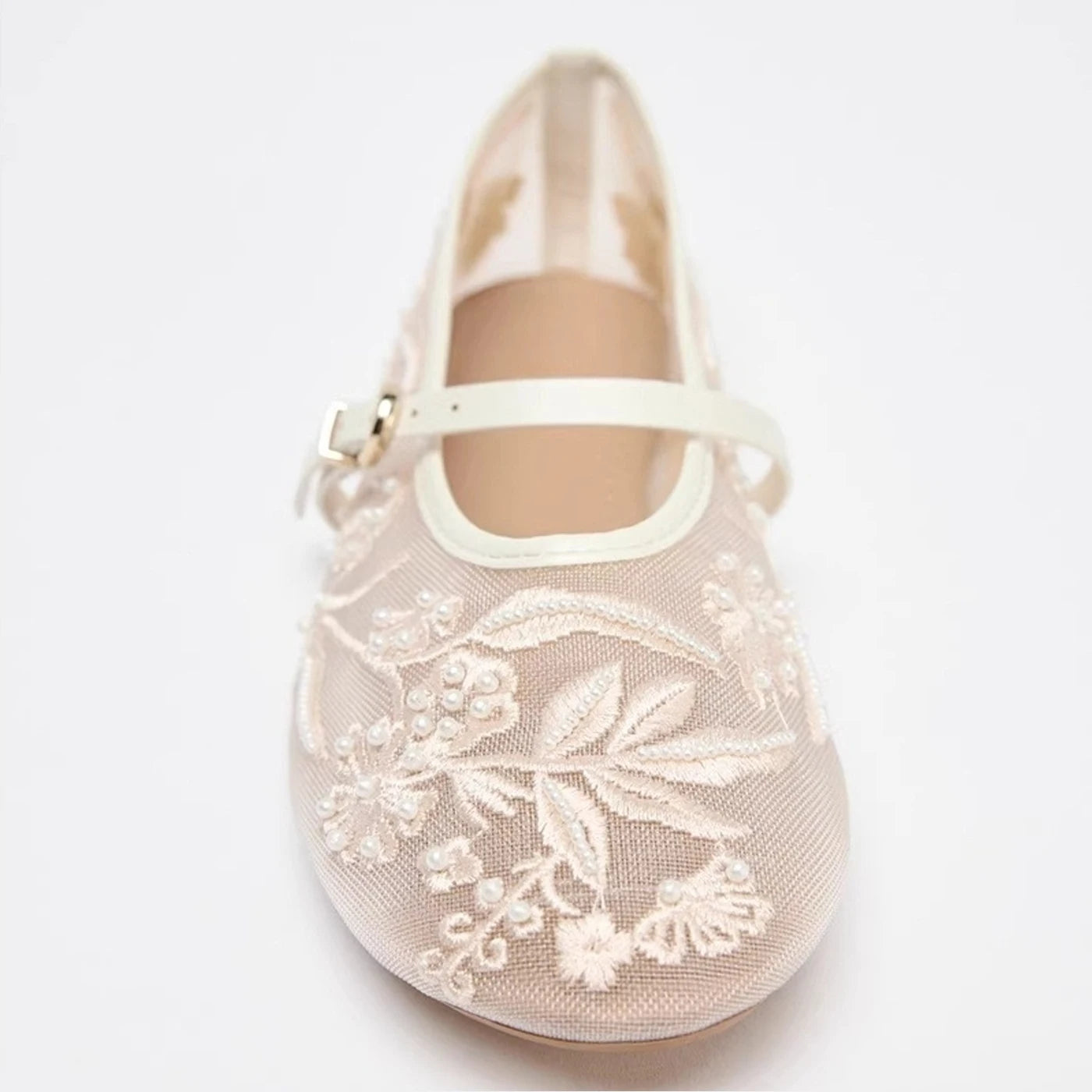Xajzpa Spring Design Embroidery Flowers Pearl Mesh Round Tor Ballet Flats Woman Loafers Buckle Strap Ladies Mary Jane Shoe Mules Sandal