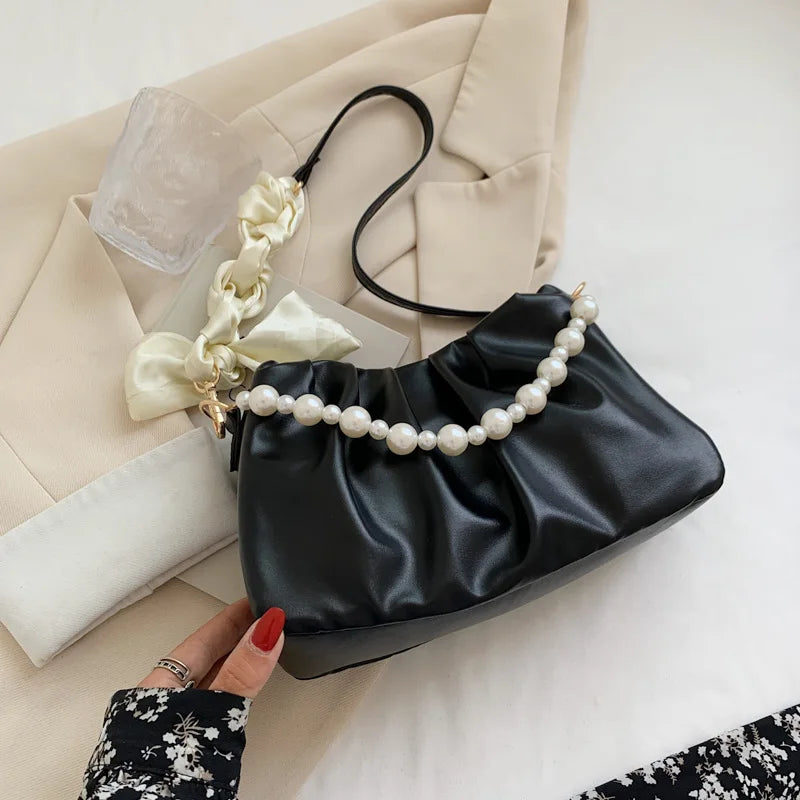 Xajzpa Fashion Pleated Crossbody Shoulder Bag Fashion Cloud PU Leather Small Handbags Purse Women Pearl Luxury Design Underarm Bags