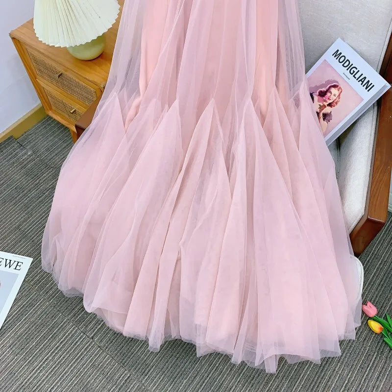 Xajzpa Fashion Lace Mesh Dress Women's Strapless Fishbone Waist Retraction A Line Dresses 2025 Summer New Tide