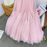 Xajzpa Fashion Lace Mesh Dress Women's Strapless Fishbone Waist Retraction A Line Dresses 2025 Summer New Tide