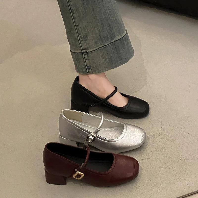 Xajzpa Retro Women Shoes Mary Jane Chunky Sandals Casual Heels Footwear Round Toe 2025 Shallow Mouth Branded Pumps Lolita Block Comfort