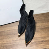 Xajzpa New Style Women's Concise Black Women Ankle Boots Pointed Toe Design Metal Decoration High Stiletto Heels Shoes Zapatos Mujer
