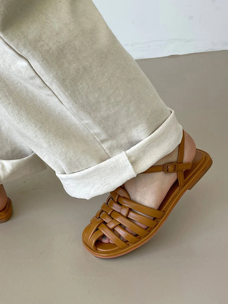 Xajzpa Shoes Female Sandal Women's Girls Beige New Summer Comfort Low Retro Flat Back Strap Square heel Rubber PU Scandals Solid C
