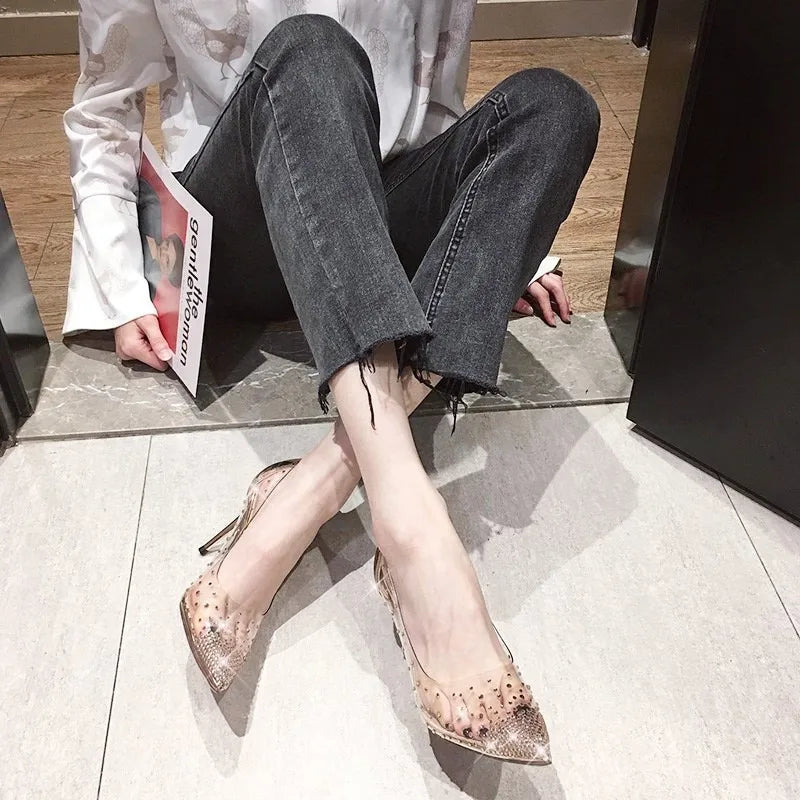 Xajzpa New Luxury Fairy Style Transparent High Heels Thin Heels Pointed Water Diamond Single Shoes Women's Crystal Wedding Shoes