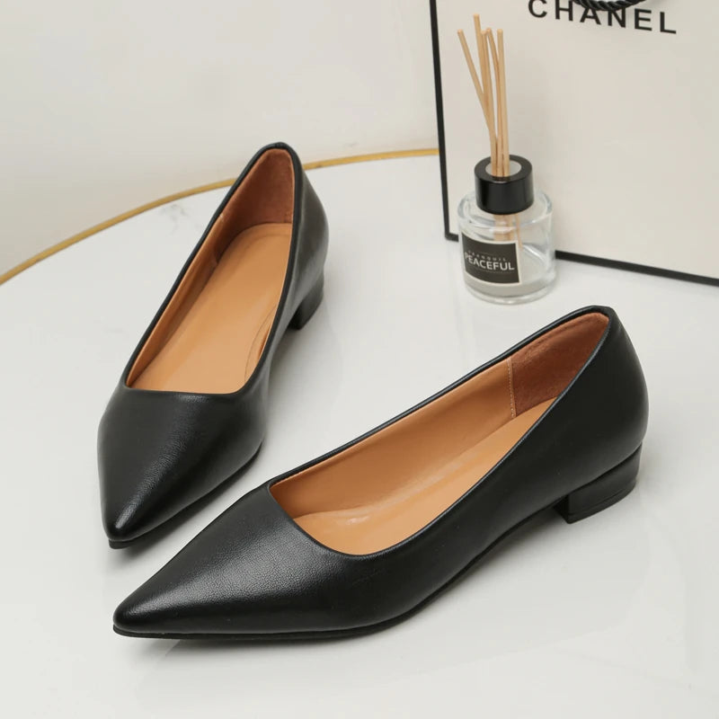 Xajzpa New Pointed Toe Shallow Mouth Square Heel Small Leather Shoes Women's Elegant Fashion High Heels Dress Shoes Zapatos Mujer