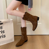 Xajzpa New Style Luxury Women Sexy Pointed Toe Western Cowboy Boot Women Fashionable Metal Rivets Mid Calf Suede Booties Non Slip Boots