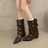 Xajzpa New Style Fashion Pointed Toe Women Western Ankle Boots Elegant Thick Heels Shoes Laides Belt Buckle Short Booties Zapatos Mujer