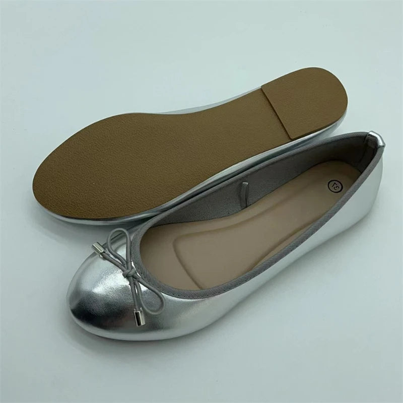 Xajzpa Gold Silver Elegant Bowknot Round Toe Women's Flat Comfort Slip-On Ladies Ballerina Single Mules Shoes Zapatos Mujer