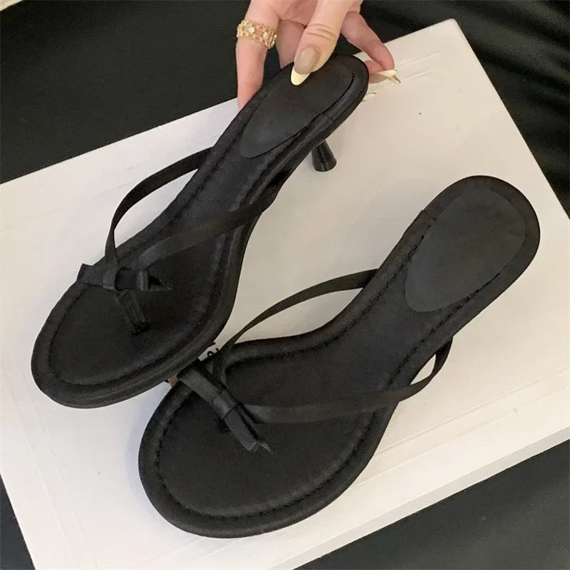 Xajzpa Summer Butterfly-knot Clip Toe Women Slippers Fashion Low Thin Heels Sandals Party Dress Flip Flops Shoes