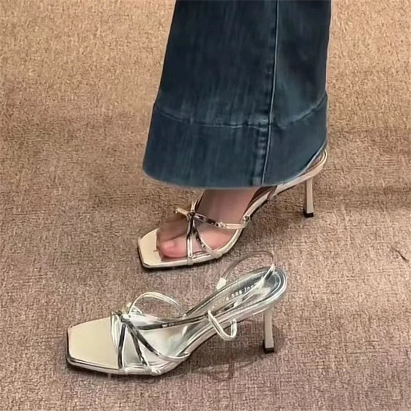 Xajzpa New Fashion Women's Summer Narrow Band Heel Sandals Women Thick Heel  Ankle Strap Fashion Square Toe Ladies Dress Zapatos Mujer