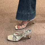 Xajzpa New Fashion Women's Summer Narrow Band Heel Sandals Women Thick Heel  Ankle Strap Fashion Square Toe Ladies Dress Zapatos Mujer