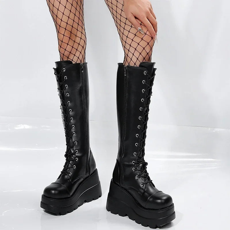 Xajzpa Winter High Heels Chain Chelsea Boots Platform Knee High Women Luxury Shoes Fashion New Trend Lace Up Wedges Zipper Boots