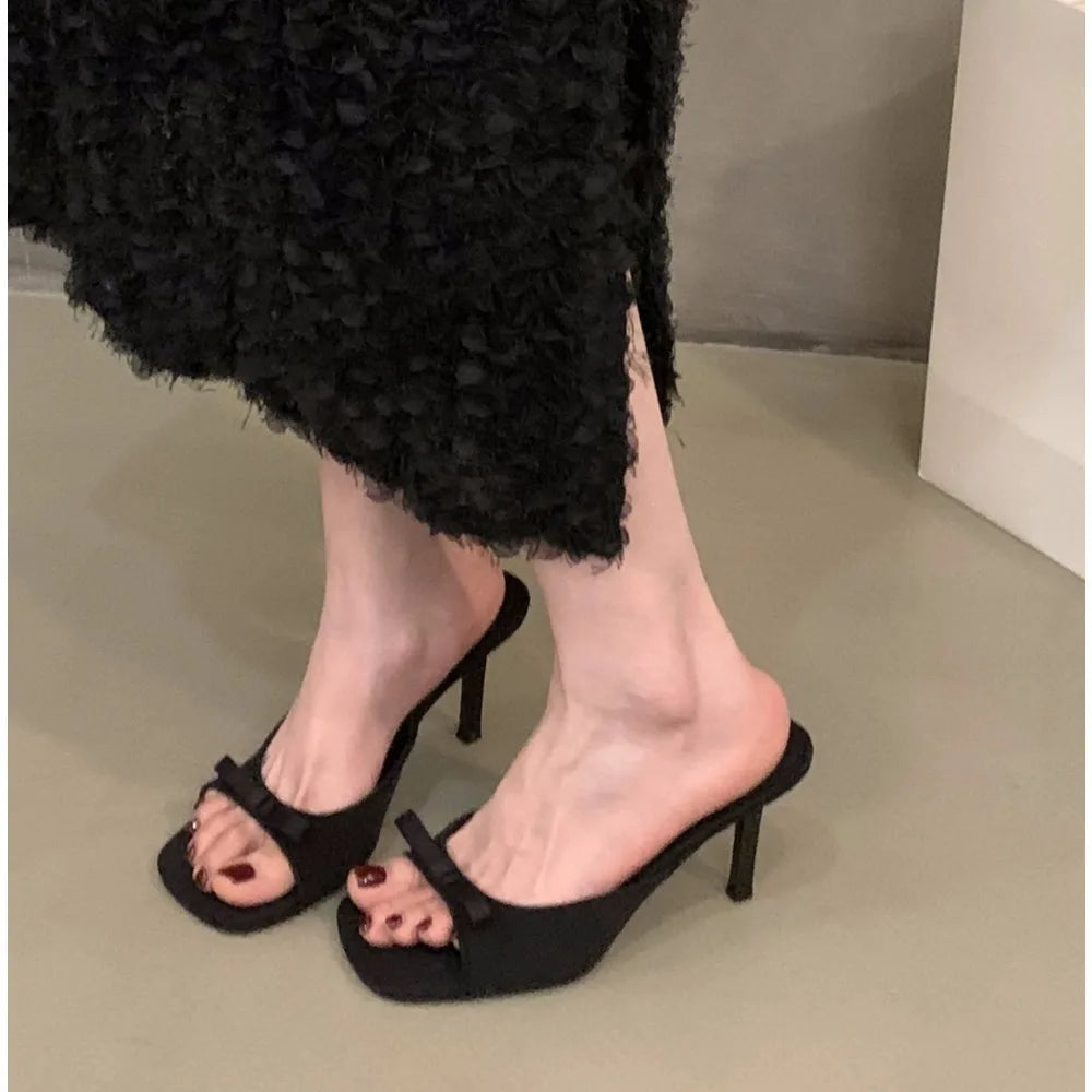 Xajzpa New Women's Slipper Mules Low High Heels Shoes Summer Best Street Look Females Square Head Open Toe Bow Strappy Sandals
