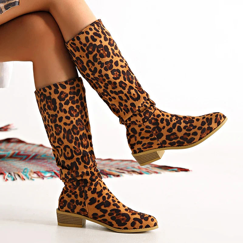 Xajzpa  New Fashion Leopard Women Knee-High Boots Autumn Winter Suede Point Toe Modern Boots Outdoor Plus Size Mid-Calf Woman Boots