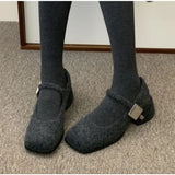 Xajzpa Spring Autumn Women's Luxury Party Shoes Medium Heel Retro Square Toe Velvet Mary Jane Shoes Flat Square Buckle Single Loafers