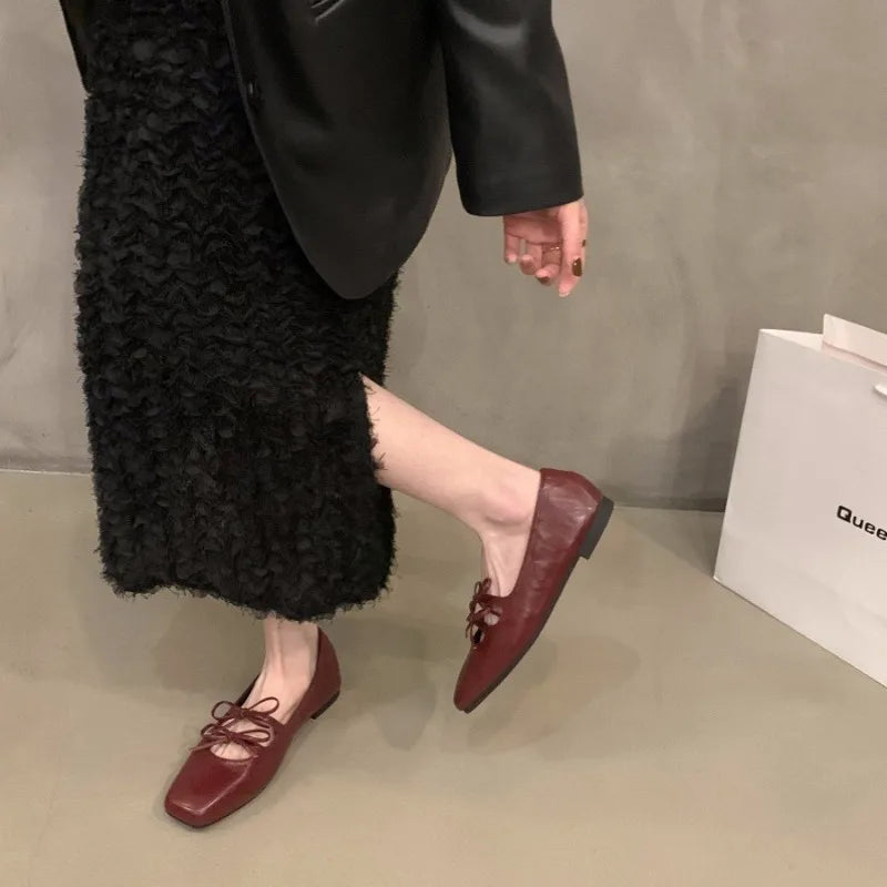 Xajzpa Sweet Double Bowknot Women Mary Jane Shoes New 2024 Square Toe Dress Flat Shoe Ladies Red Soft Sole Shoes Zapatos