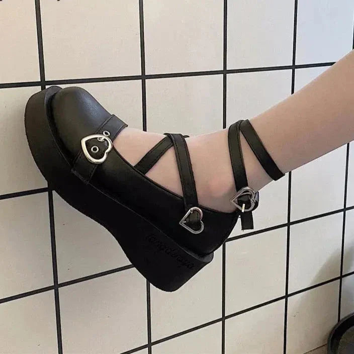 Xajzpa  Shoes Lolita shoes Women heels platform mary janes Star Buckle Strap Mary Janes Women Cross-tied Girls Rivet Casual kawaii shoes