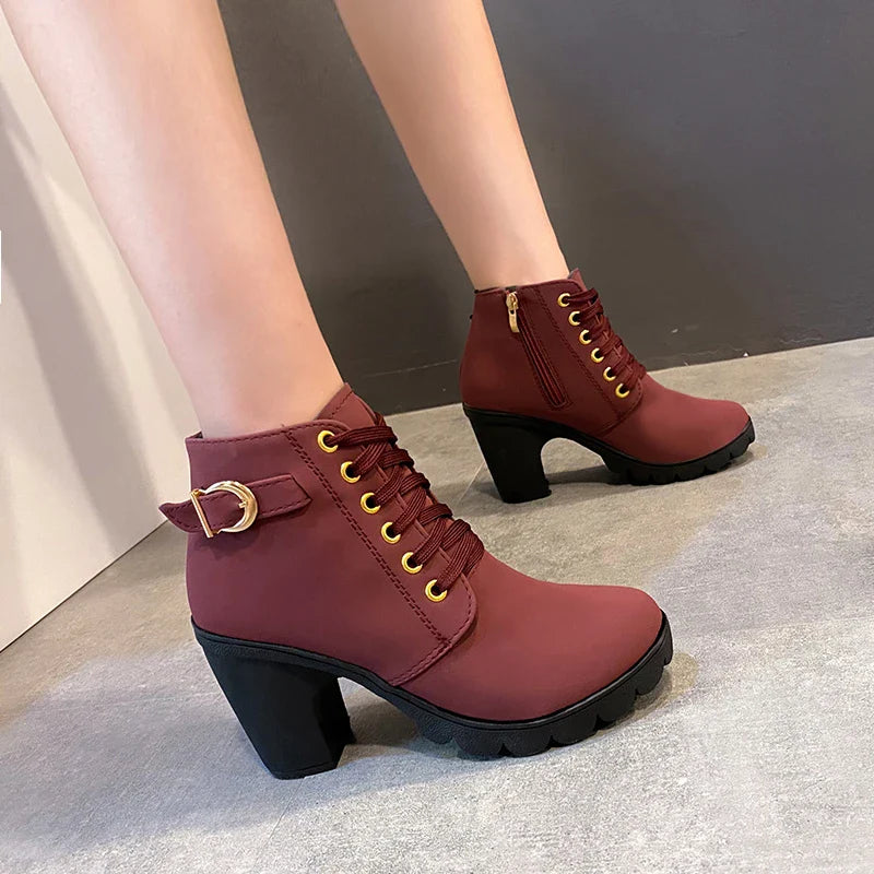 Xajzpa  Boots Women Shoes Women Fashion High Heel Lace Up Ankle Boots Ladies Buckle Platform Artificial Leather Shoes bota feminina