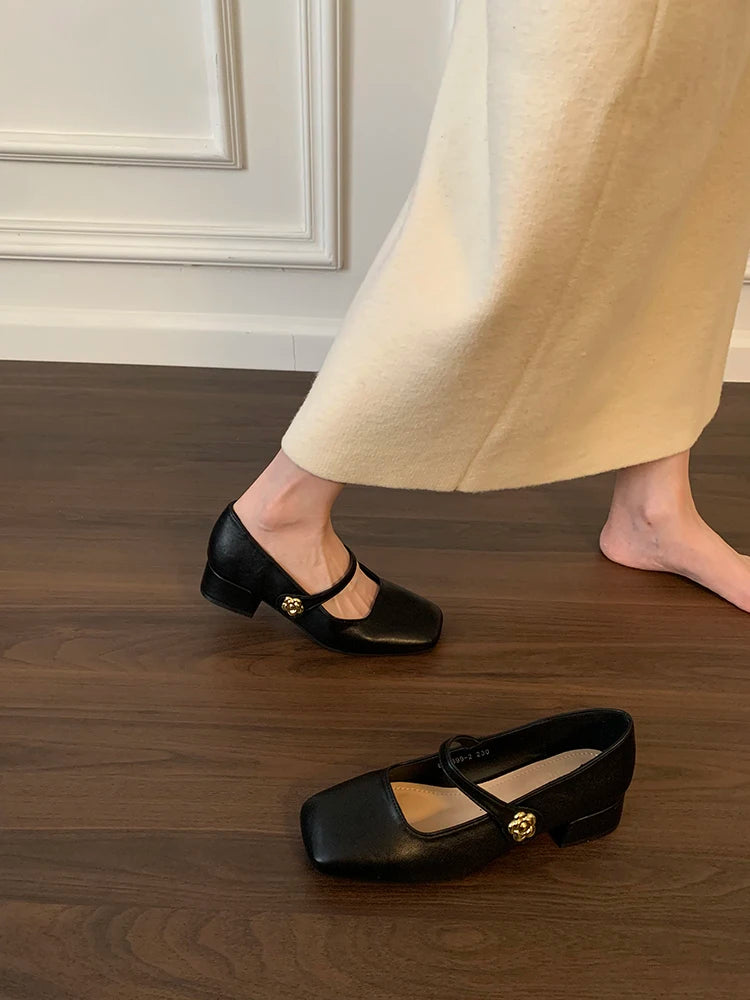 Xajzpa Shoes Branded Pumps Chunky Sandals Shallow Mouth Clogs for Women Slim Heels Mary Jane Square Toe Fashion Spring Retro Block Afri