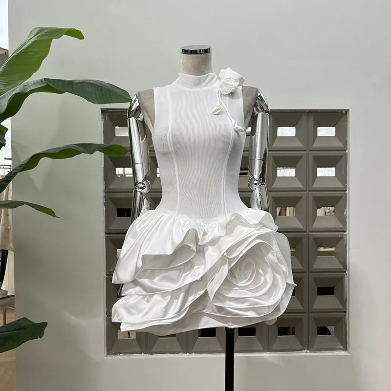 Xajzpa Fashion Women Short Dress Sleeveless Round Neck 3D Flowers Female Summer Evening Party Dresses New Tide