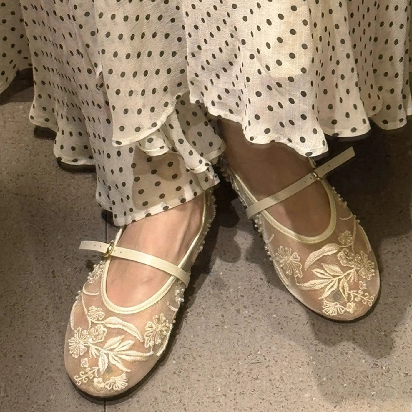 Xajzpa Spring Design Embroidery Flowers Pearl Mesh Round Tor Ballet Flats Woman Loafers Buckle Strap Ladies Mary Jane Shoe Mules Sandal