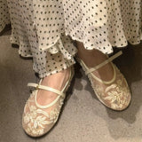 Xajzpa Spring Design Embroidery Flowers Pearl Mesh Round Tor Ballet Flats Woman Loafers Buckle Strap Ladies Mary Jane Shoe Mules Sandal