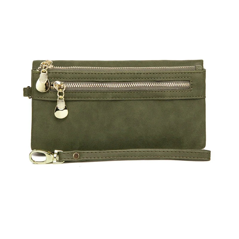 Xajzpa Large Capacity Women's Dull Polish Leather Wallet Double Zipper Clutch Wristlet Purse Phone Coin Card Holder Multi-pocket Wallet