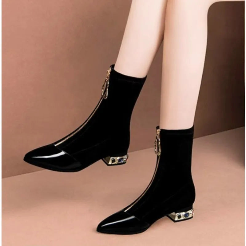 Xajzpa Women Shiny Sequin Ankle Boots Winter Fashion Pointed Front Zipper Rhinestone Square Heels Short Boots Retro Motorcycle Shoes