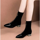 Xajzpa Women Shiny Sequin Ankle Boots Winter Fashion Pointed Front Zipper Rhinestone Square Heels Short Boots Retro Motorcycle Shoes