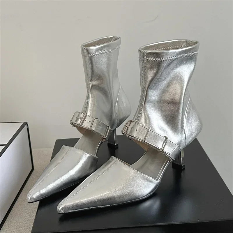 Xajzpa Street Design Belt Buckle Hollow Out Women Ankle Boots Sandals Pointed Toe Thin Low Heels Ladies Shoes