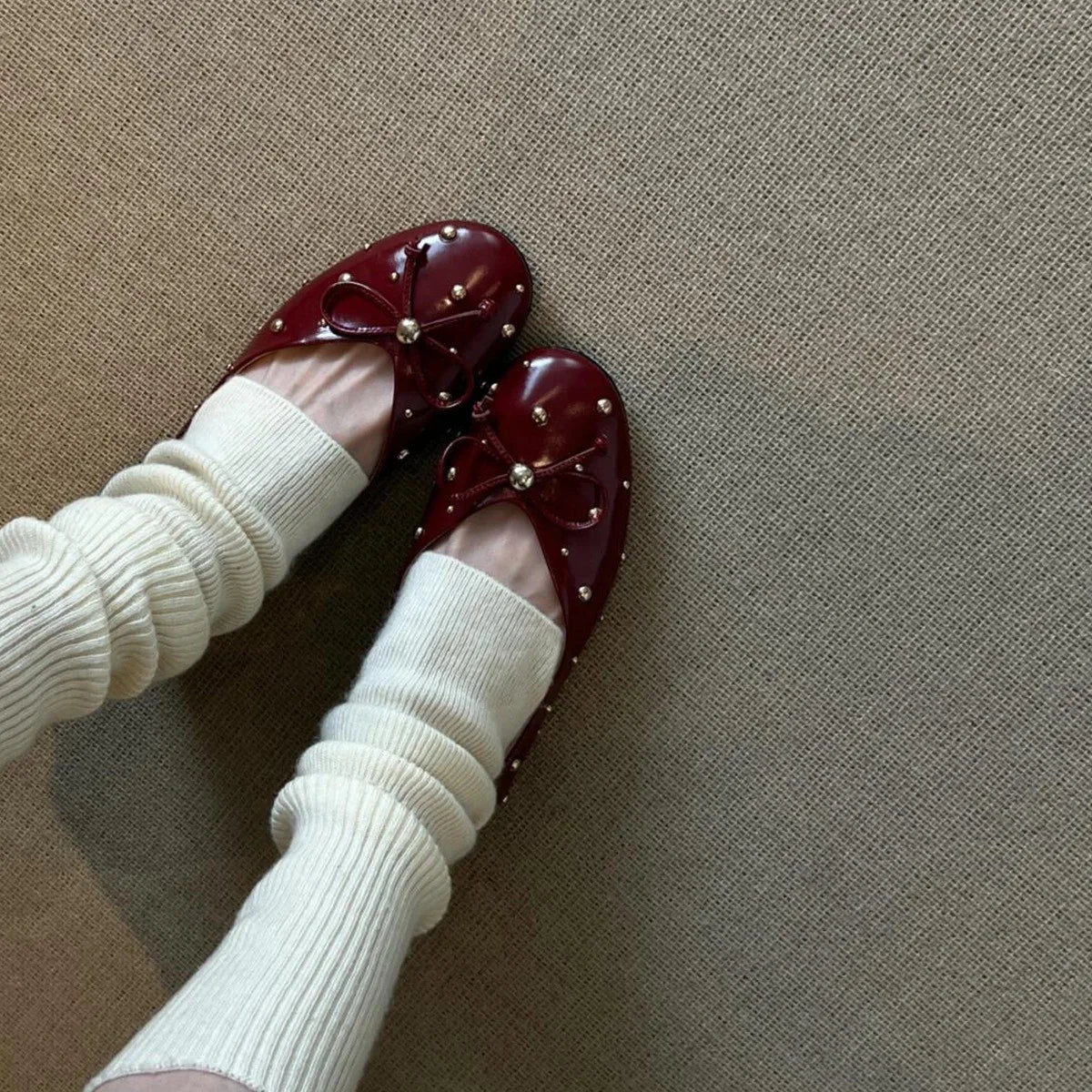 Xajzpa New Women Flat Shoes Autumn Round Toe Shallow Mouth Patent Leather Butterfly Knot Rivet Casual Shoes Soft Sole Single Shoes