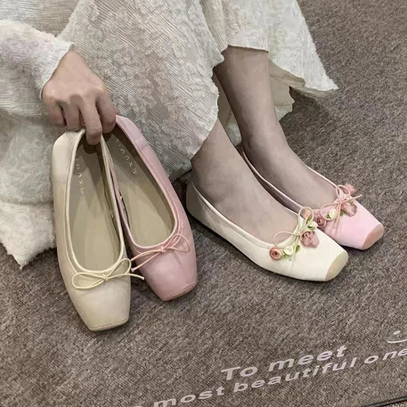 Xajzpa Women Flats Bow Marie Janes Shoes Elegant Wedding Shoes Lolita Dress Square Toe Shoes Designer Walking Shoes Female Zapatos